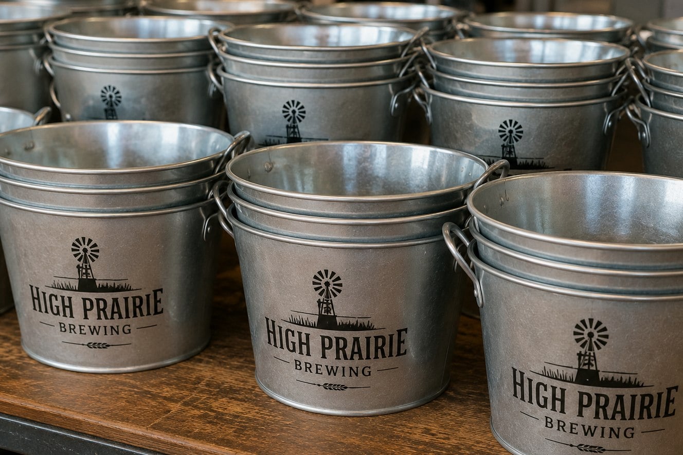 Custom beer buckets with logo lined up on a bar counter